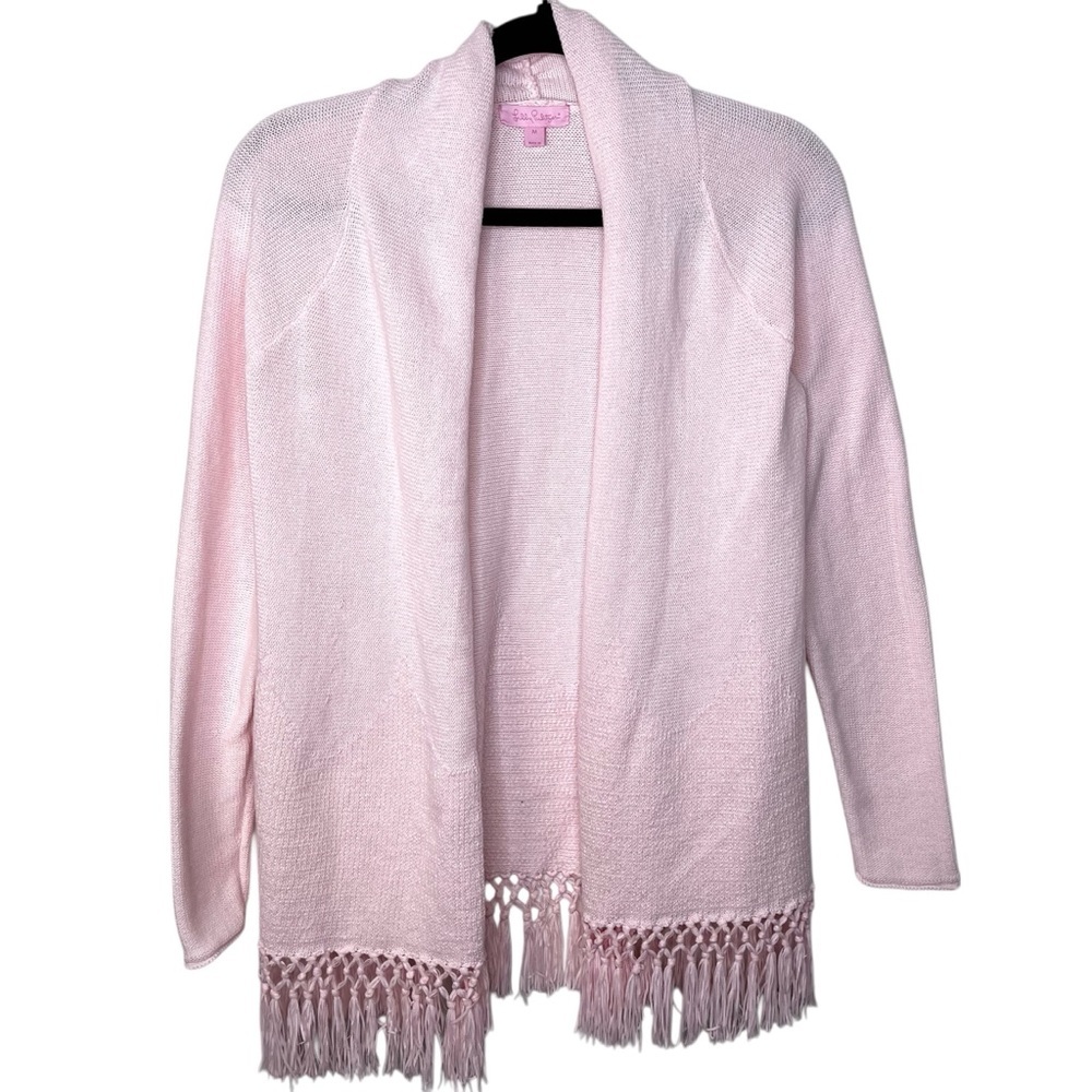 Lilly Pulitzer Tatum Pink Fringe Long Sleeve Knit Open Cardigan Size Medium